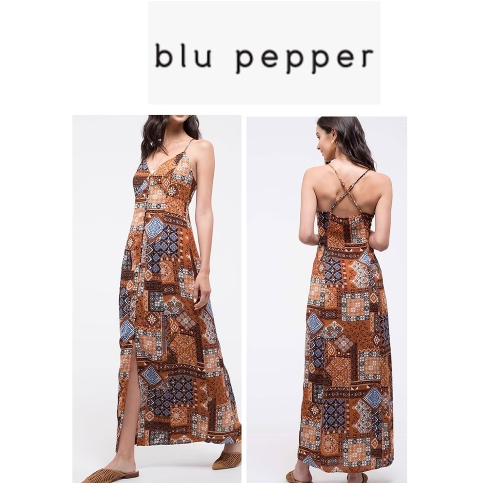 🆕Blu Pepper Patchwork Criss Cross Back Maxi Sundress S🆕